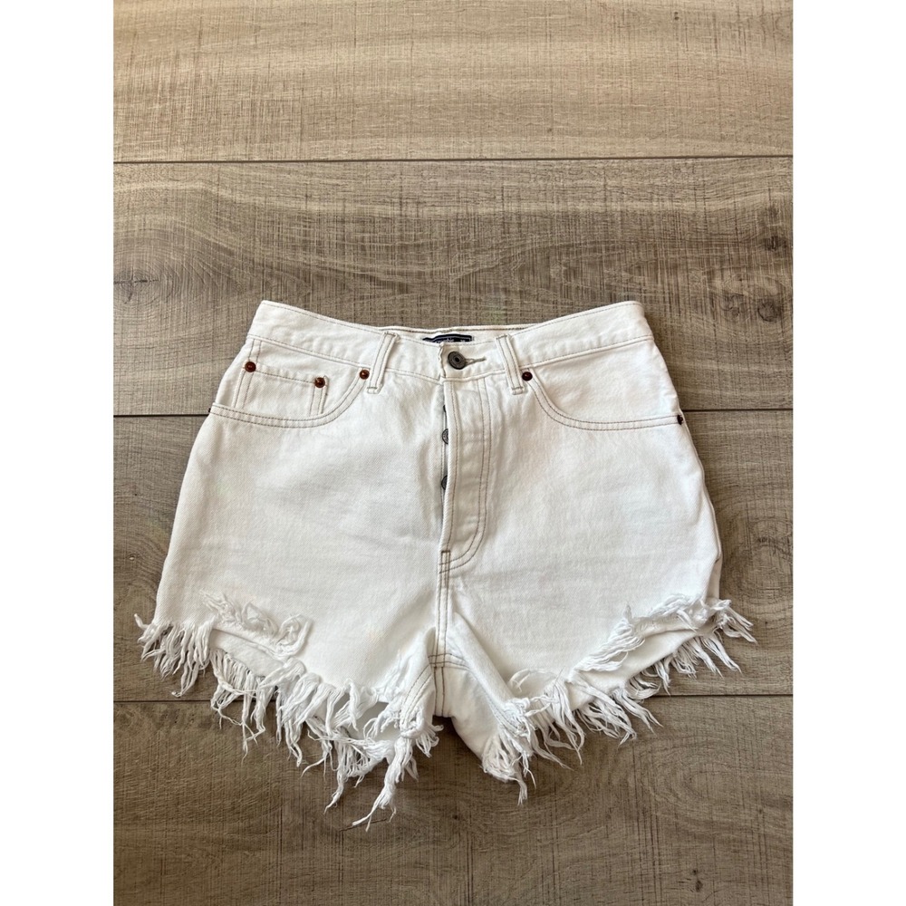 Abercrombie & Fitch High Rise 4" White Denim Shorts Frayed Hem Size 25